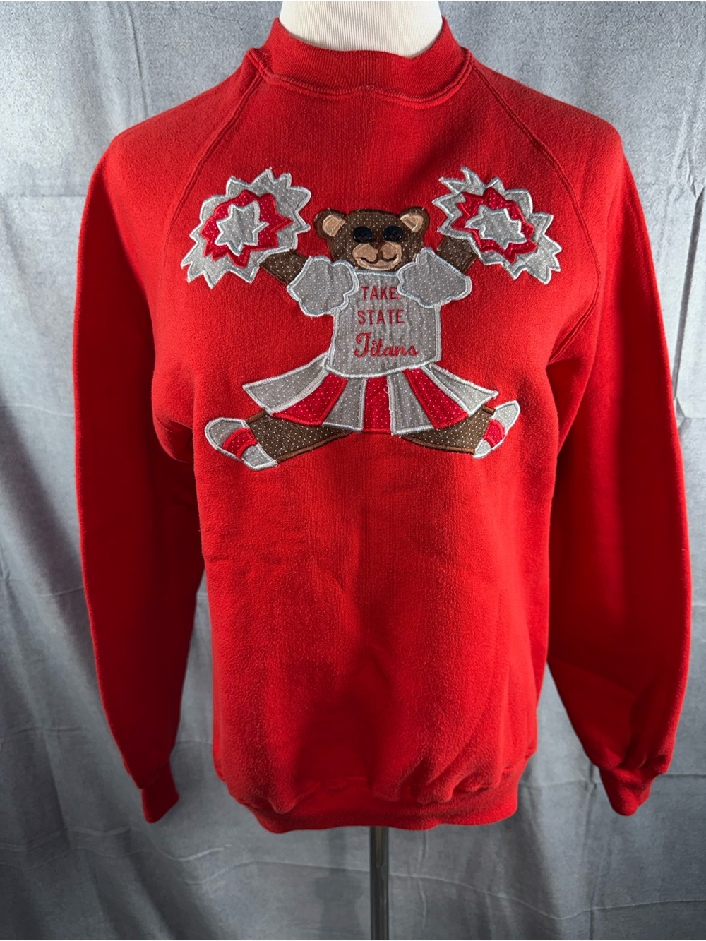 2484-Vibtage 80s Russell Athletic Red Crewneck Sweater with Cheer Bear Applique
